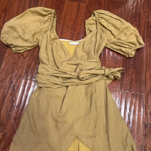 Olivaceous Sage Green linen blend Wrap mini dress elegant puff sleeves V neck - Picture 2 of 4